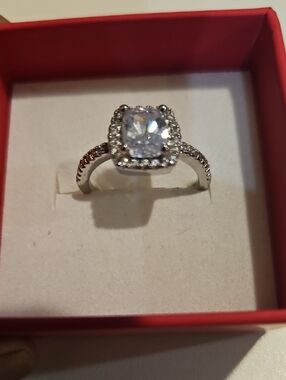 Silver Halo Cushion-Cut CZ Engagement Ring